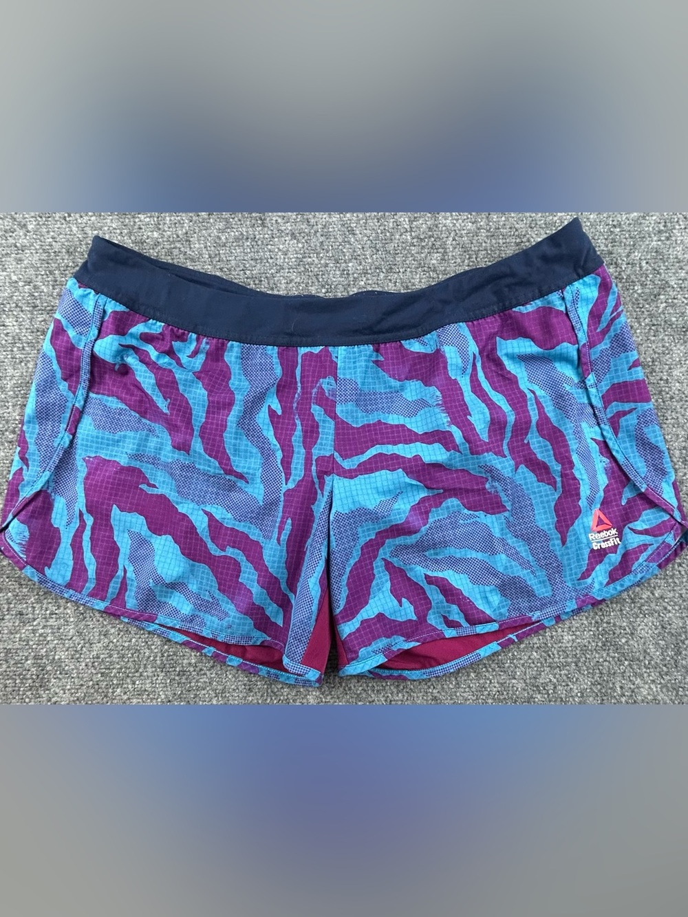 Reebok CrossFit Teal and Purple Wave-Print Athletic Shorts Womens XL